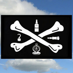 Tools of Trade Flag - 3x5 ft long polyester Pirate flag showing the crossbones, rum, telescope & other pirate gear