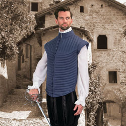steel blue microfiber sleeveless doublet with tufted padding, 17 fabric-covered buttons, high collar and hourglass peasecod 
