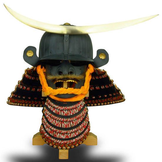 wearable reproduction Samurai Date Masamune helmet includes wood display stand and made with horse hair and gold plated accents