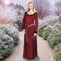 Red medieval dress lined in red cotton with black cotton velvet trim at the cuffs and collar. Includes embroidered belt.