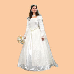 storybook wedding gown is layered floral lace white dress embellished with artificial flowers and pearls, includes belt and veil