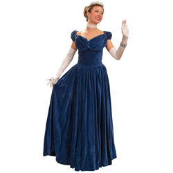 extra full blue cotton velvet gown with back lace modesty panel, lined in deep blue satin
