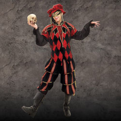 3 piece Dark Jester costumes with harlequin tunic, sunray collar with bells and pantaloons