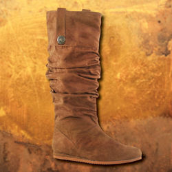 brown Sherwood Slouched faux suede pull on boots with rubber sole and heel for costumes from Medieval through the Renaissance