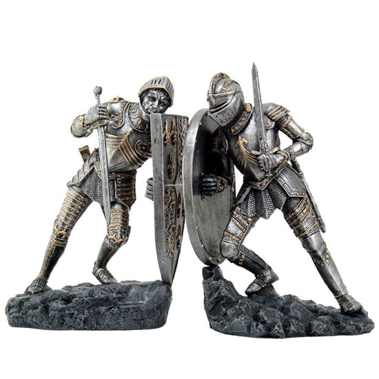set of 2 Hand painted, cold cast resin knightly bookends, each about 11" tall with an 8" base