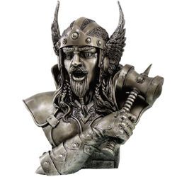 Thor bust with his hammer Mjolneir, winged helmet and braided locks. Cold cast resin with metalized finish