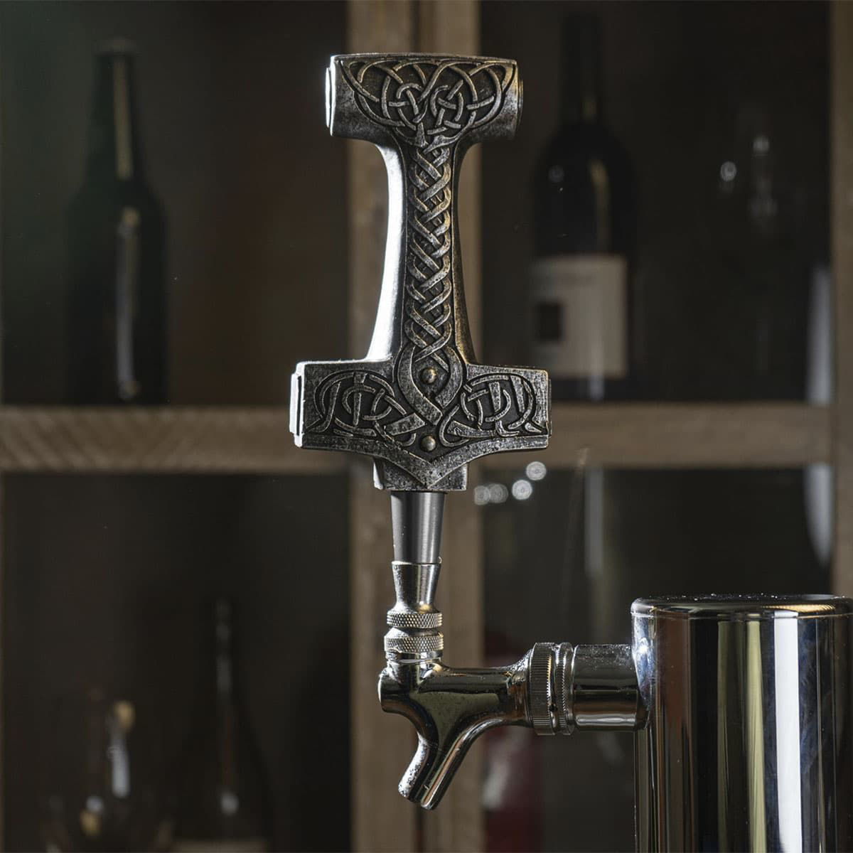Thor's Hammer Beer Tap, Cold cast resin, steel threaded insert, fits faucets with 3/8 thread ferrule, includes display stand 