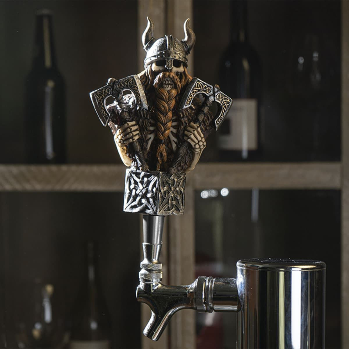 Viking Skeleton Beer Tap, Cold cast resin, steel threaded insert, fits faucets with 3/8 thread ferrule, includes display stand 