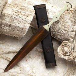 Peloponnesian Dagger with bronze blade, scalloped bone scales and bronze embellished leather belt sheath