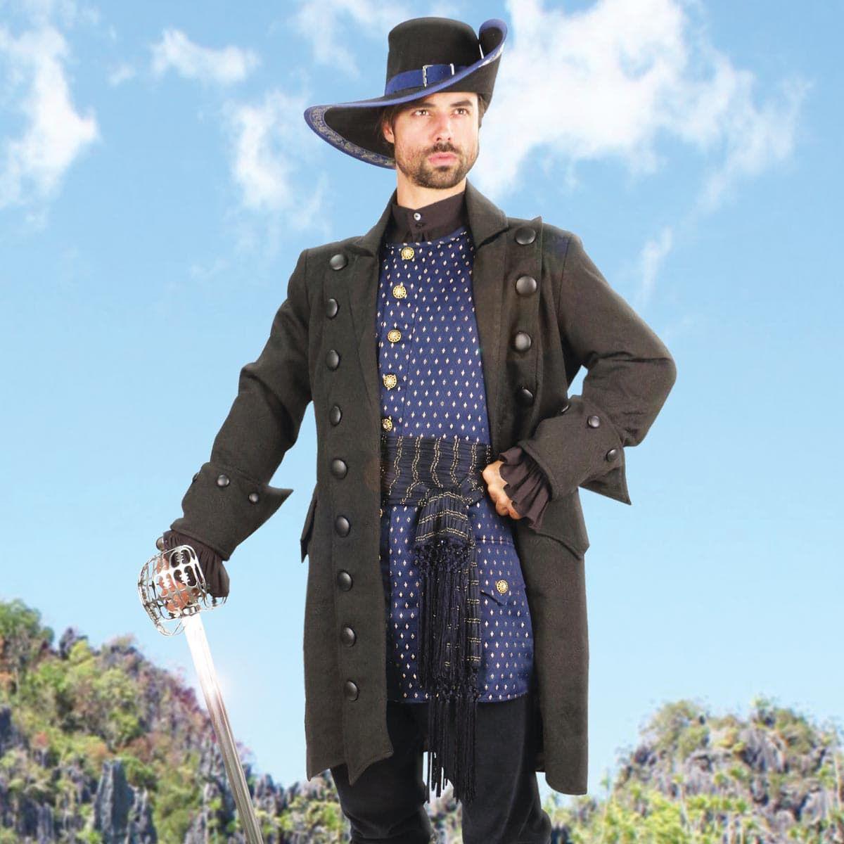 Blackbeard’s black brocade pirate coat has an open front, leather-covered buttons, wide cuffs, and a black satin lining