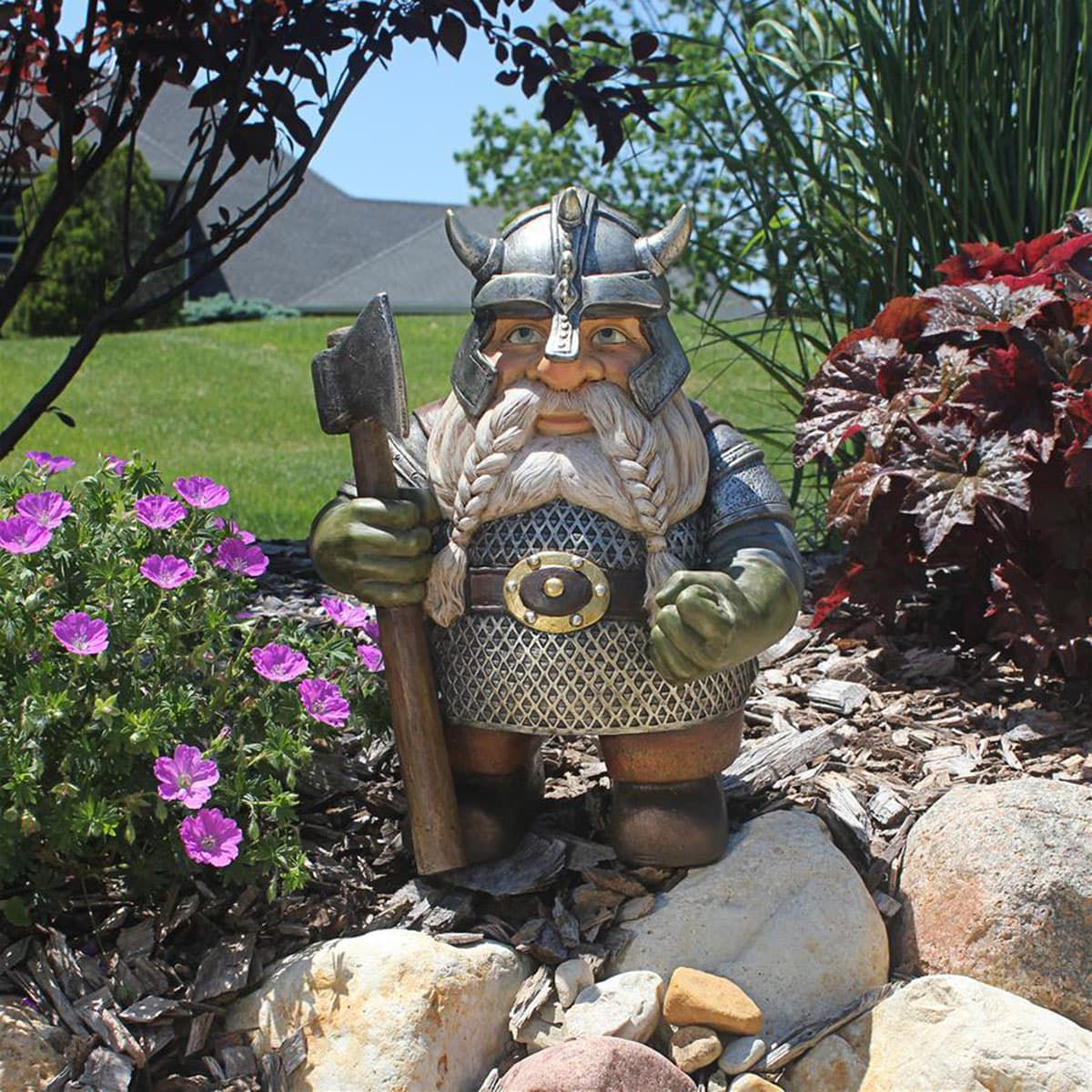 Viking Garden Gnome is hand painted resin in hues so this dazzling dwarf can show off his horned helmet and braided beard