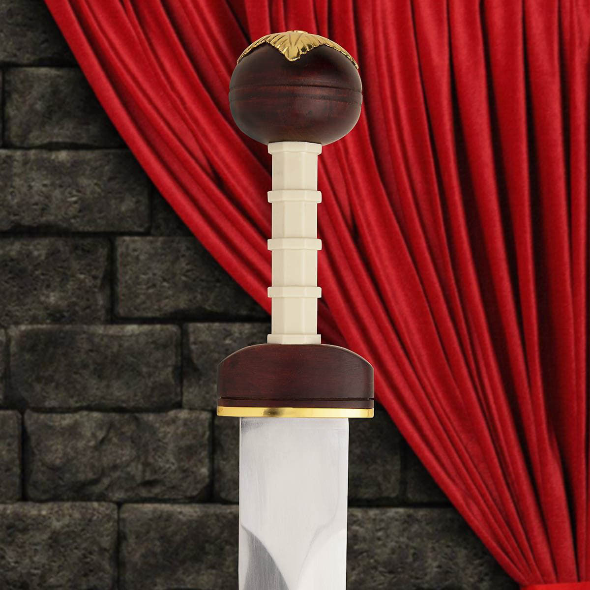 Spiculus Gladius has a  bone grip and stained hardwood pommel capped with gold plated leaf overlay, made by Windlass