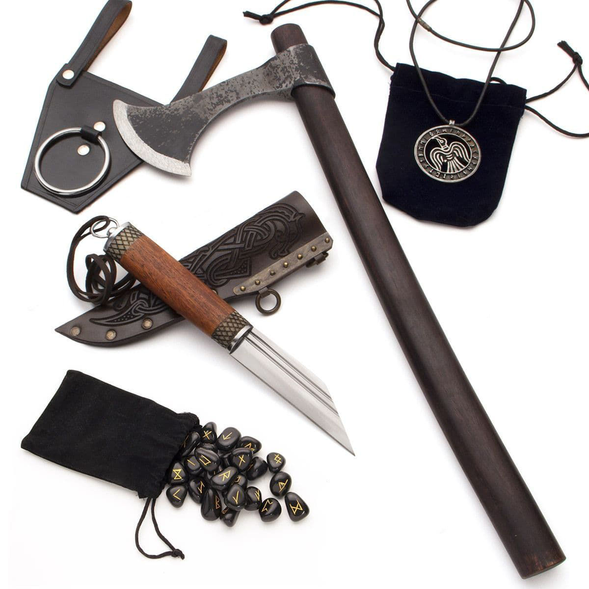Viking Truth Seeker kit includes Casting Stones, pewter raven pendant, Huntsman's Hadseax, Francesca axe, and leather axe holder
