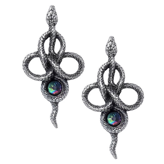 Alchemy pewter Tercia Serpent Earrings symbolize the Threefold Law, each serpent has three coils with Swarovksi crystals