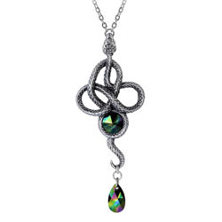 Alchemy pewter Tercia Serpent Necklace symbolizes the Threefold Law as snake coils in open knot with dark petrol Austrian crystals