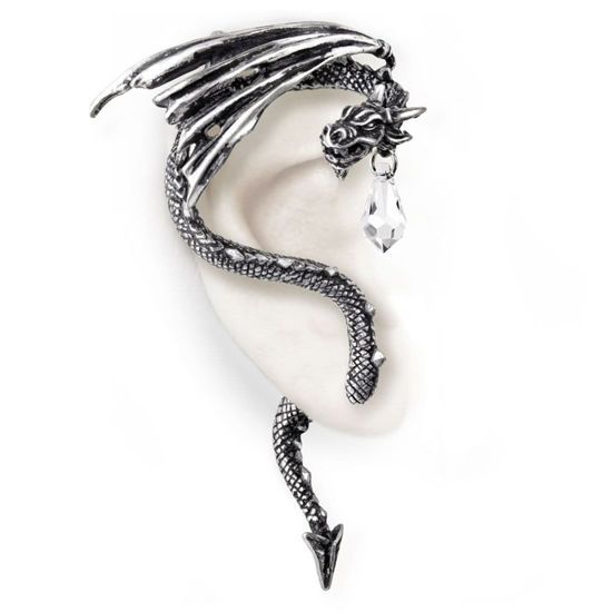 Alchemy Pewter Ear Wrap for right ear depicts a dragon with outstretched wings clutching a crystal dropper
