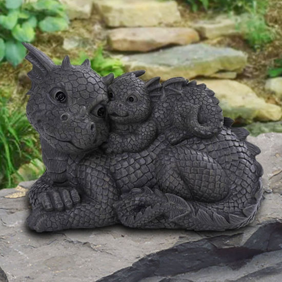 hand-painted cold-cast resin mother and baby dragon garden sculpture