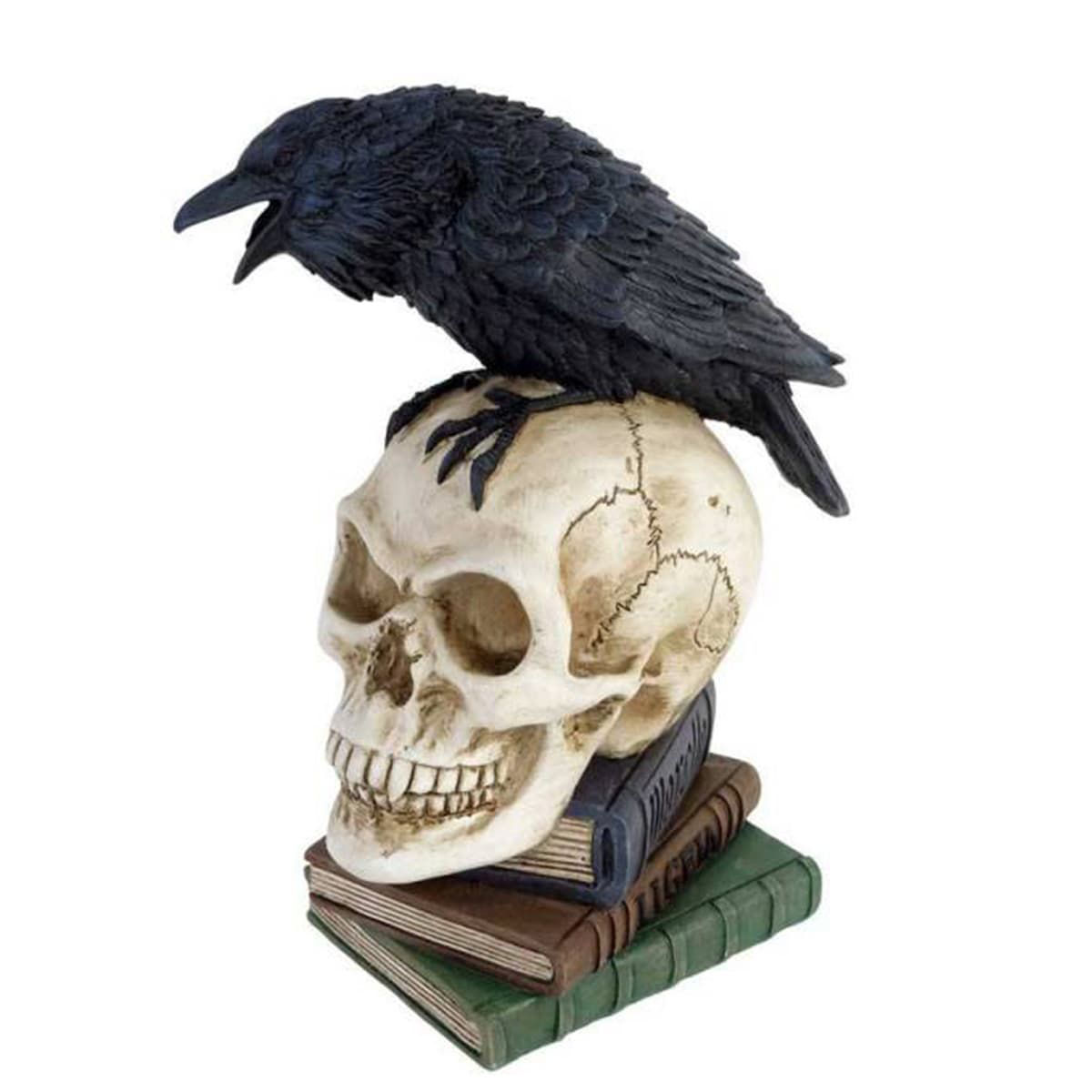 hand-painted cold-cast resin Raven sculpture depicts Poe's symbol of mournfulness atop a skull on a stack of books, nevermore