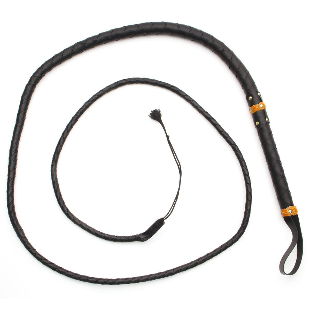 9 foot long full-grain leather bull whip with tapered, braided leather bands, hand made top grain leather