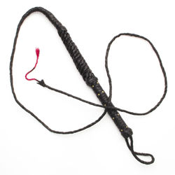 8 foot long leather bull whip at budget price is sturdy, has braided construction and a brass studded grip