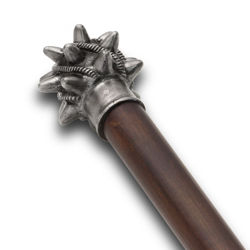 Norman Mace Walking Stick has stained steamed beech wood shaft, rubber tip, solid cast metal head has blunt spikes, rope decoration