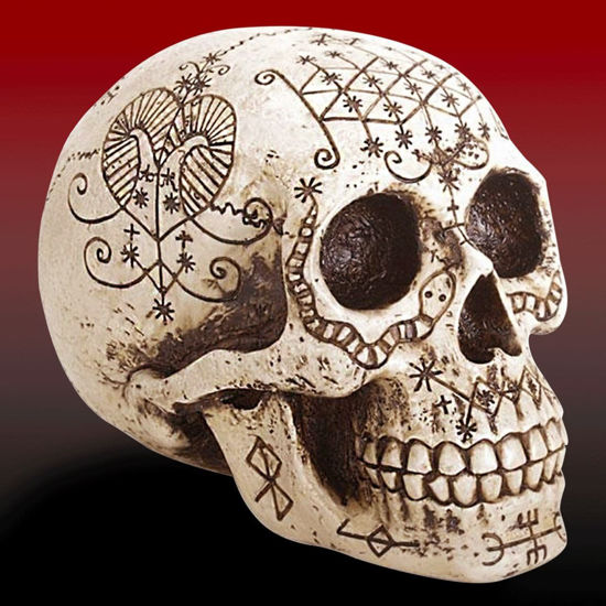 Cost cast resin Voodoo skull with symbols, including ram's horns, snakes, stars, and what appear to be Nordic runes