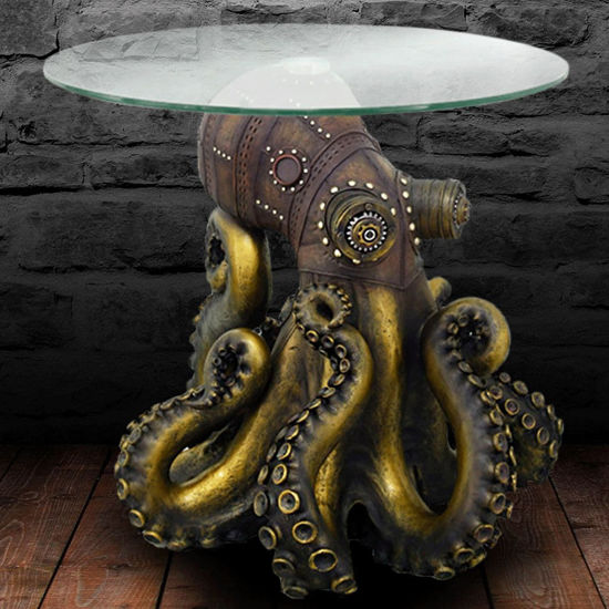 This octopus table gives a steampunk vibe, Octopus is made of cold cast resin and hand-painted. Includes glass top