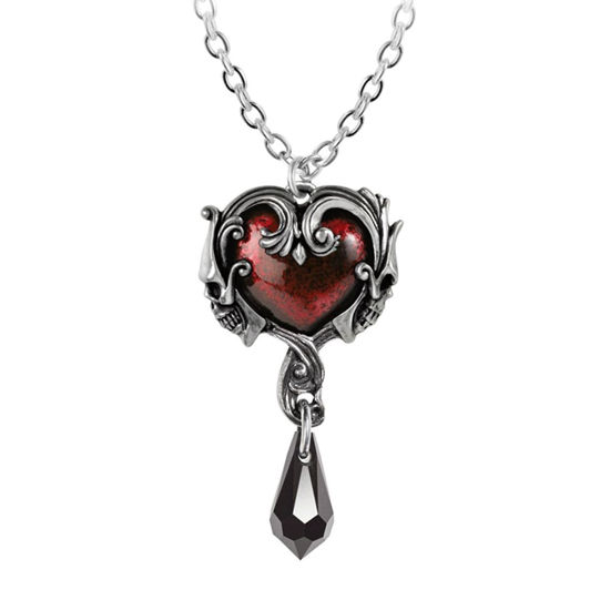 Petite Affaire du Coeur Pendant has red enamel heart in pewter Baroque frame, skull profiles on sides, black crystal teardrop 