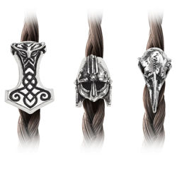 set of 3 pewter beads for hair strands and beards: Mjolnir Thor's hammer, Odin raven's skull, Viking warlord's helmet 