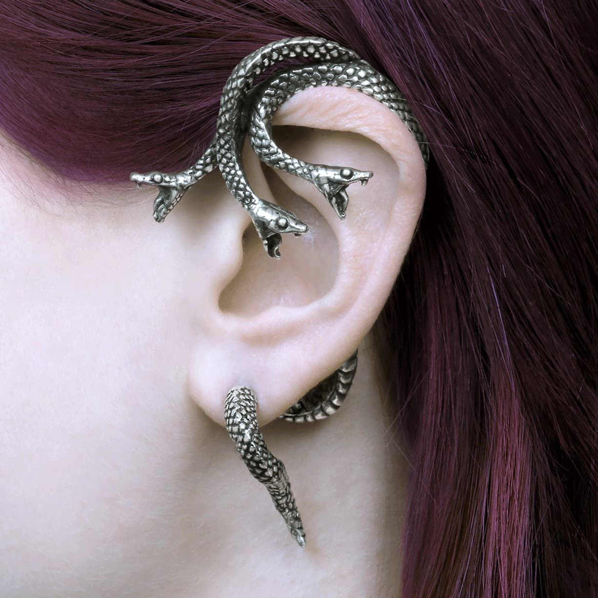 Khthonis Pewter Snake Ear Wrap for left ear of three-headed serpent with single tail curling around ear and going thru earlobe