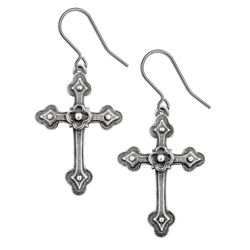 pewter Gothic Devotion earrings in budded cross shape, made in England in antiqued pewter and surgical steel plated wire