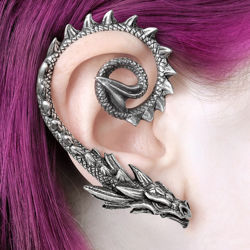 Ostrogoth Dragon polished pewter Ear Wrap for right ear has pointed tail curled at top, head secures at the lobe