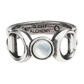 Alchemy Gothic pewter Triple Goddess Ring with mother of pearl full moon, split shank with waxing and waning crescent moons 
