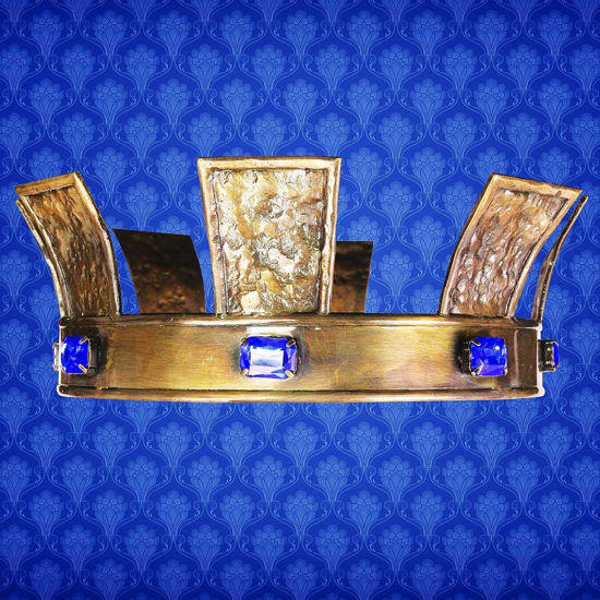 Dark Ages medieval mens antiqued brass crown has a hand-hammered look, eight artificial blue sapphires adorn the rim