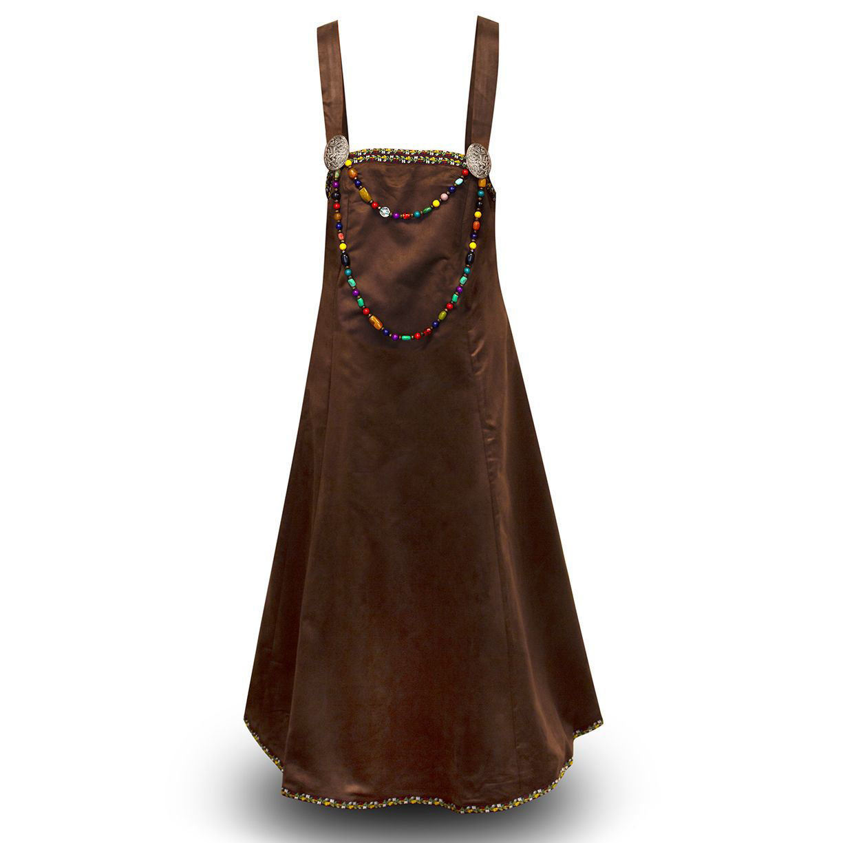 Astrid Viking Apron overdress trimmed with embroidery work, silver-colored brooches with long strand of beads to hang between