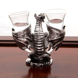 Resin Dragon Rhyton holds 2 glass shot glasses shaped like drinking horns
