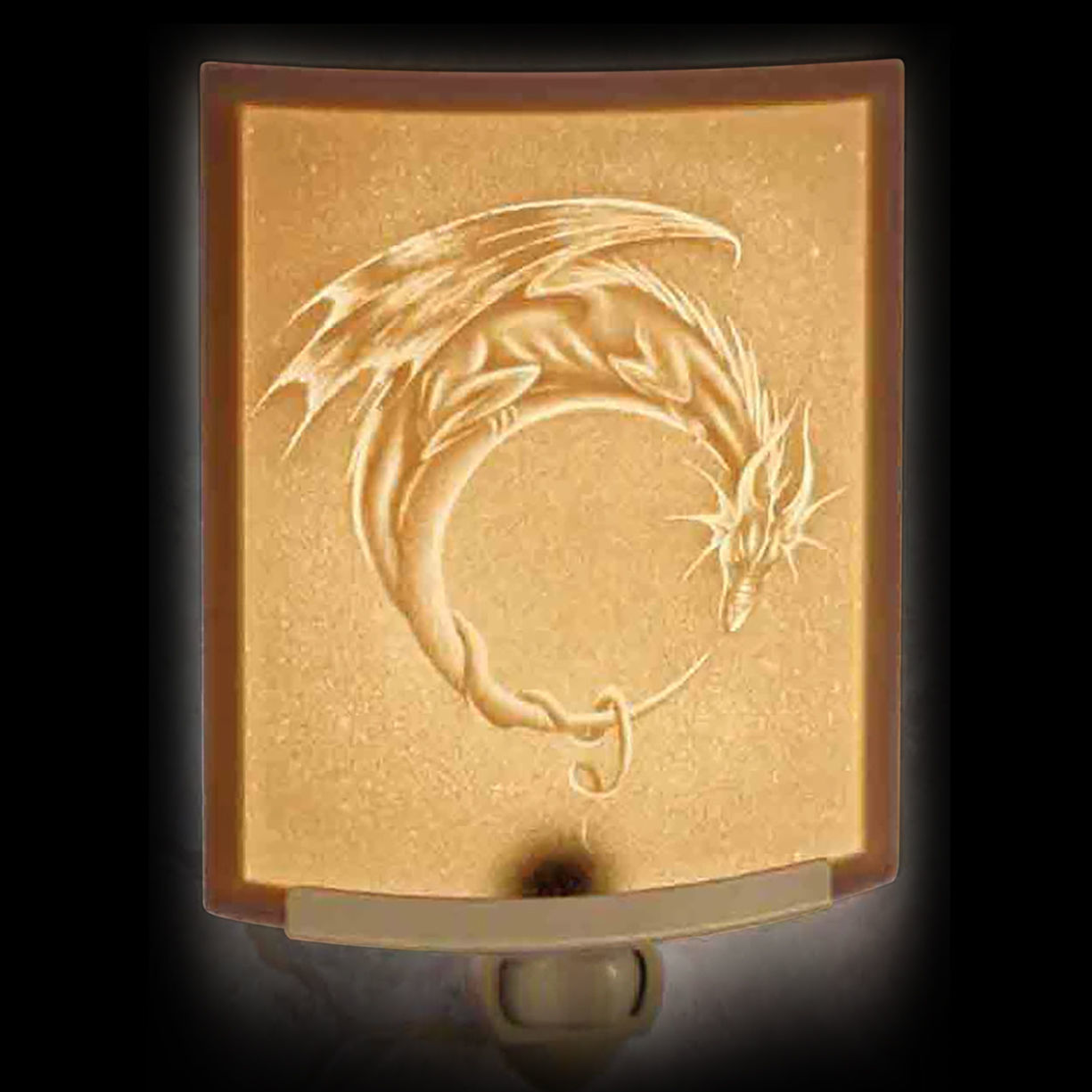 Handcrafted in USA Dragon Moon Lithophane Night Light has curved porcelain relief, on-off rocker switch