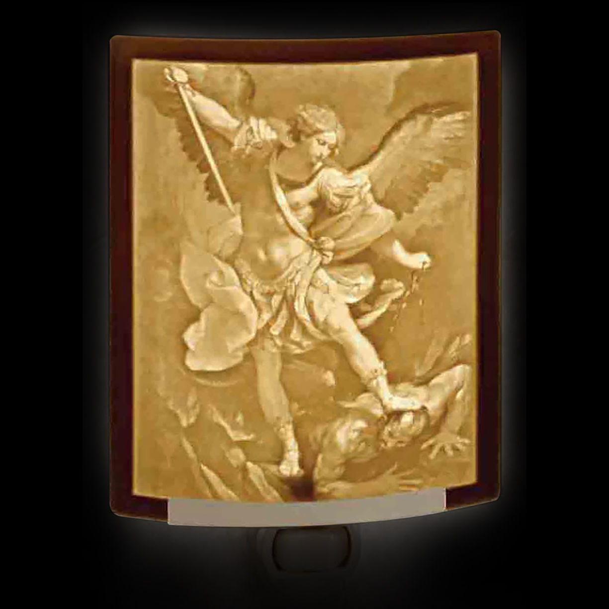 Handcrafted in USA St. Michael Lithophane Night Light has curved porcelain relief, on-off rocker switch with light on