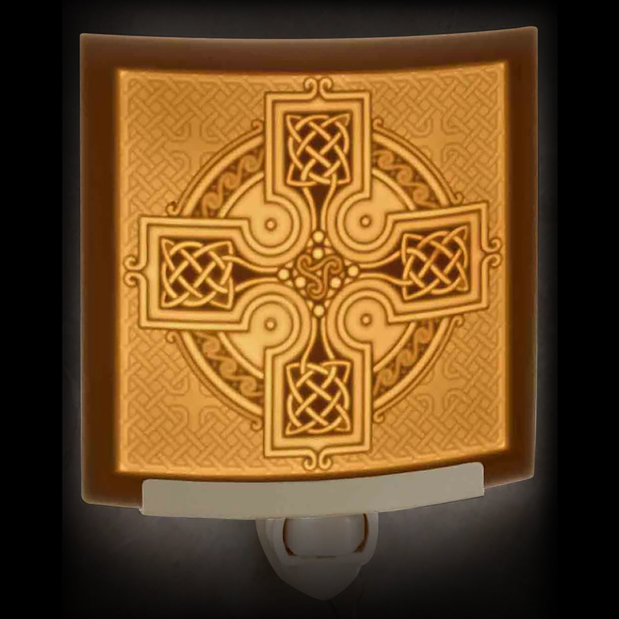 Handcrafted in USA Celtic Cross Lithophane Night Light has curved porcelain relief, on-off rocker switch with light on
