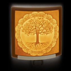Handcrafted in USA Tree of Life Lithophane Night Light has curved porcelain relief, on-off rocker switch, shown turned on