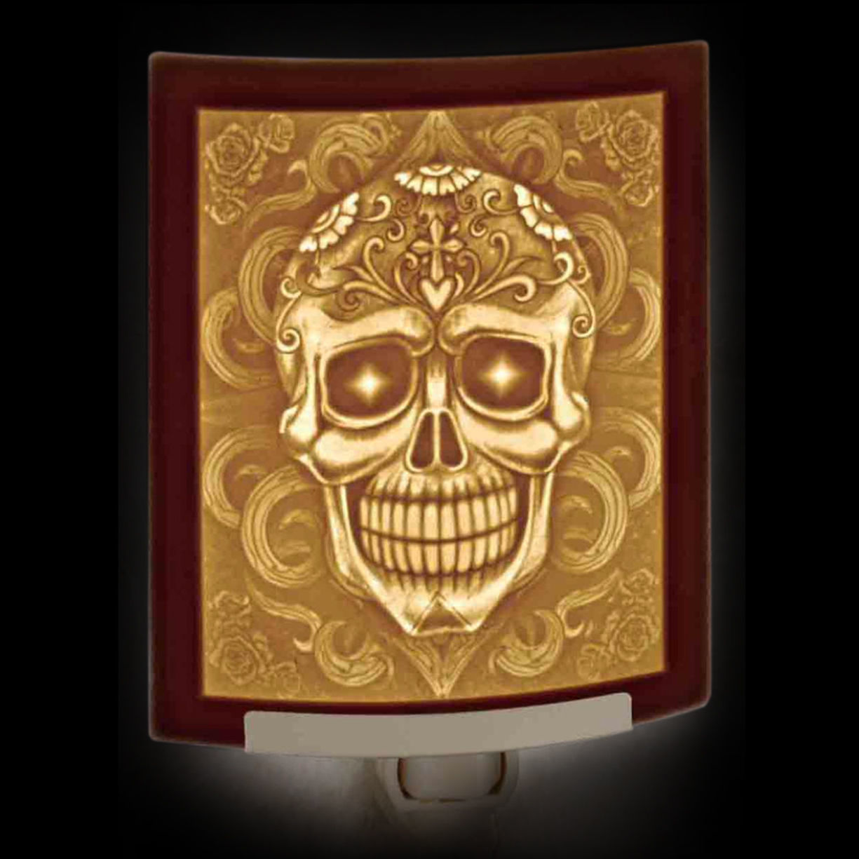 Handcrafted in USA Skull Lithophane Night Light has curved porcelain relief, on-off rocker switch, shown turned on