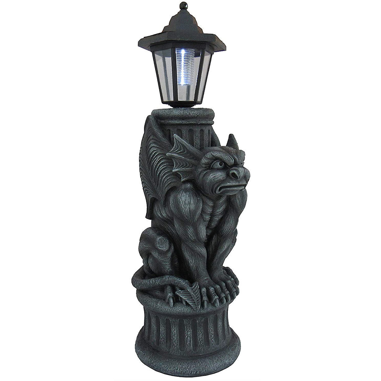 Gothic flair for gardens or walkways, the Glowing Grimace gargoyle statue has a solar-powered light, made in polyresin