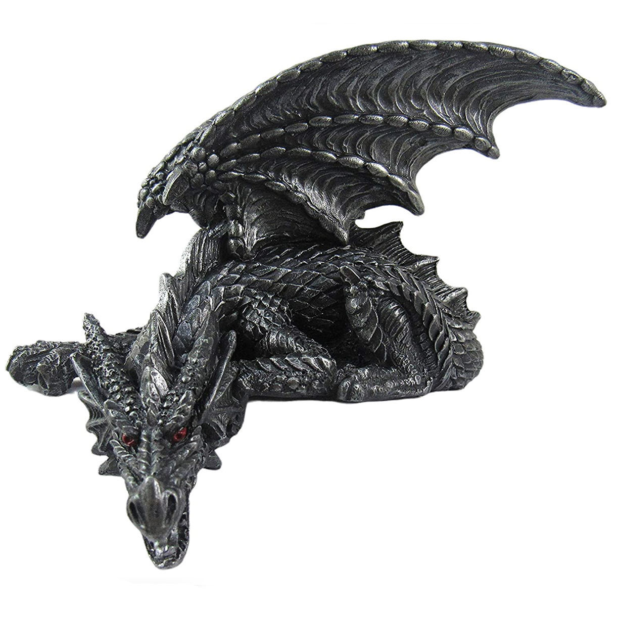 Silent Sentinel Dragon Shelf Sitter has intimidating red eyes and realistically sculpted details, hand painted polyresin 