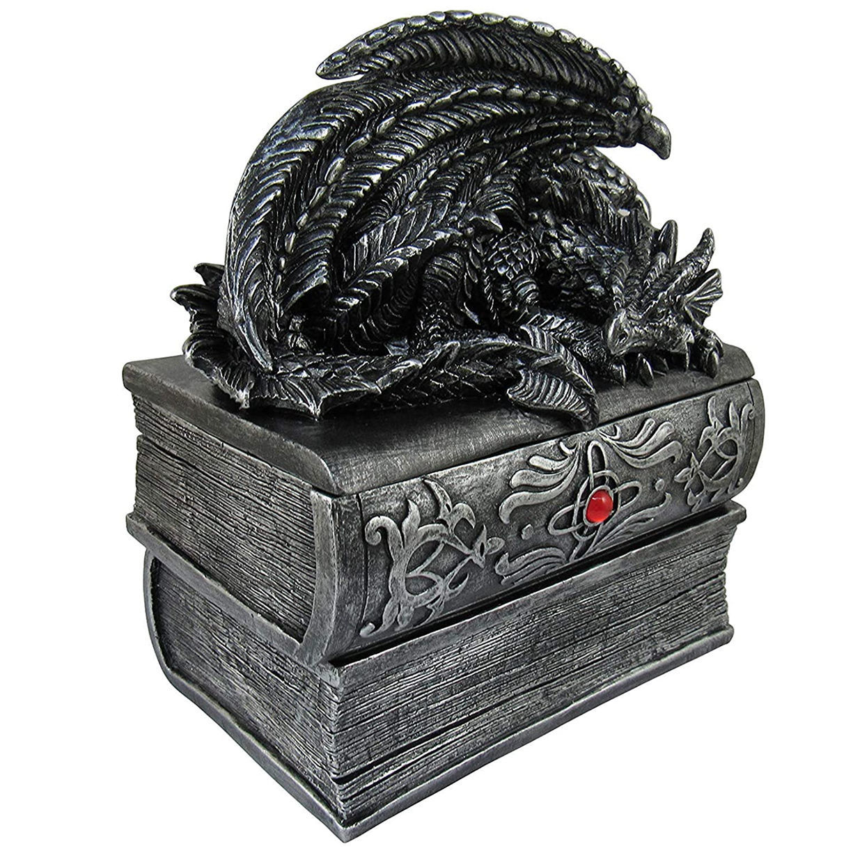Do Not Disturb Trinket Box has sleeping dragon atop stack of books that open, revealing secret compartment to stash valuables