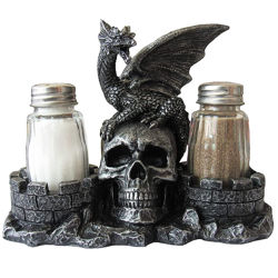 Dracos Seasoning Dragon Salt and Pepper Set with skull, dragon, and two castle turrets holding the included shakers