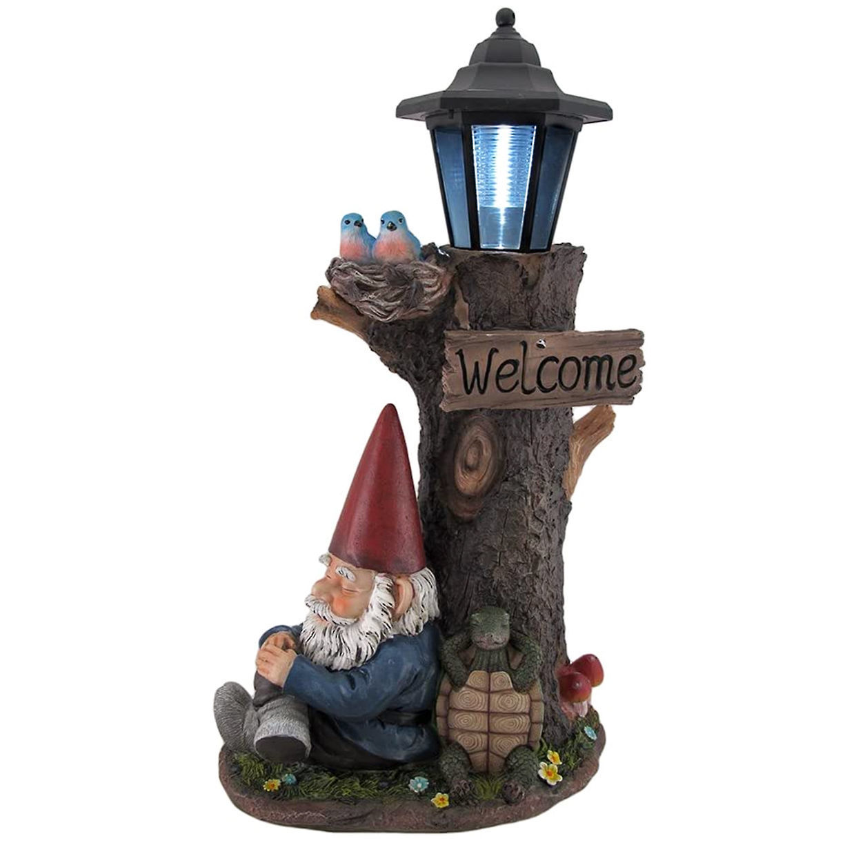 Gnome Nap Station Welcome Sign with Solar Lantern on tree, with turtle and bluebirds near sleepy gnome, outdoor garden decor
