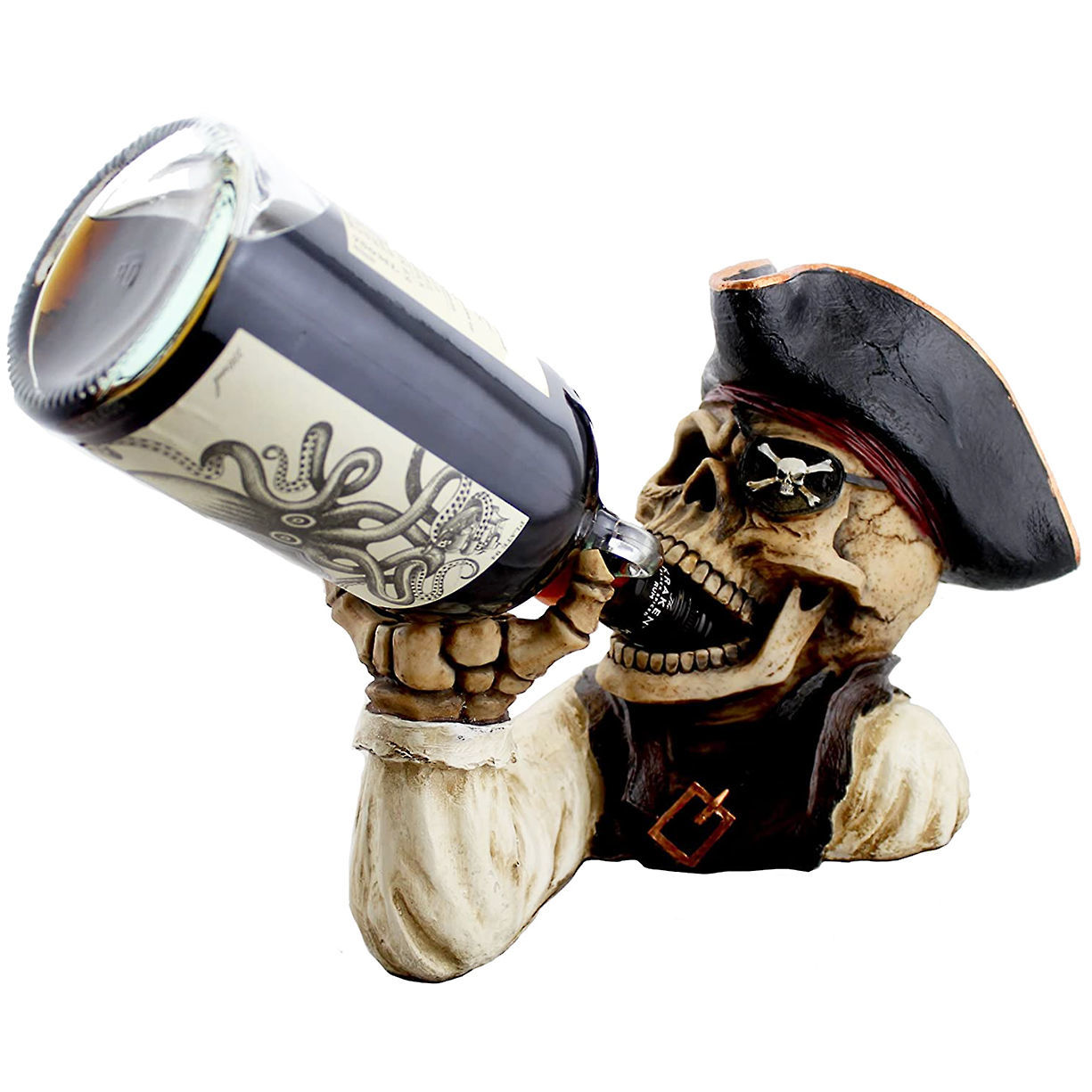 Booty of the Vine Wine Bottle Holder polyresin bottle caddy with skeleton pirate with tricorn hat and Jolly Roger eye patch