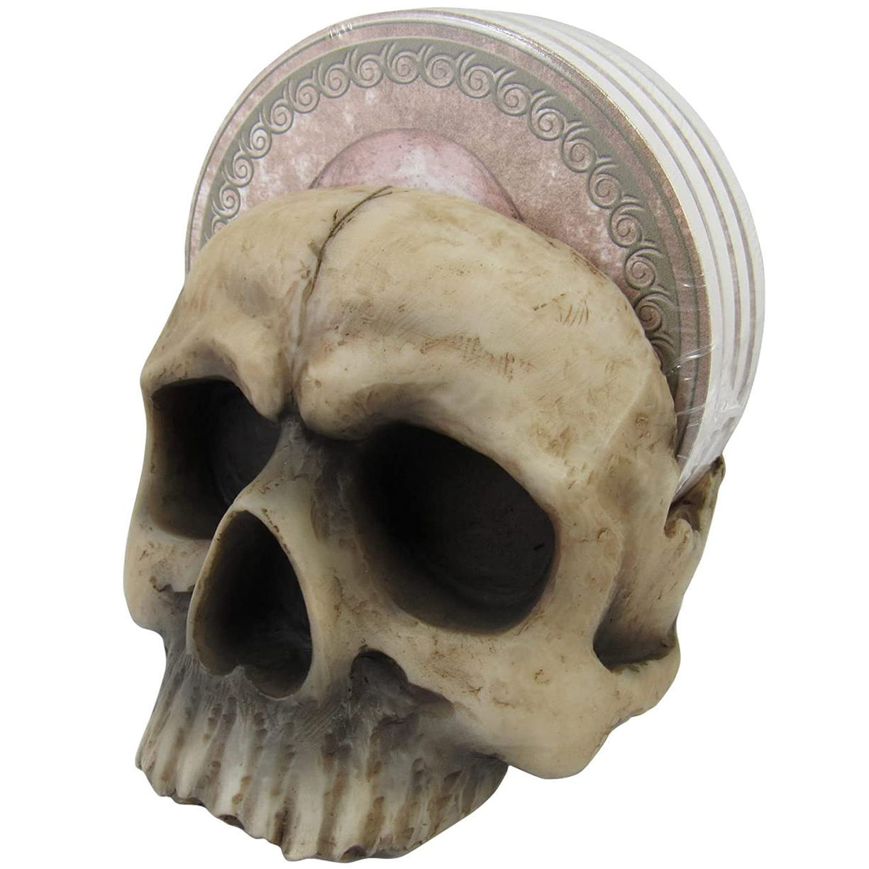 Pick Your Poison Skull Coaster Set includes 4 moisture-absorbent coasters that fit in a polyresin textured skull 