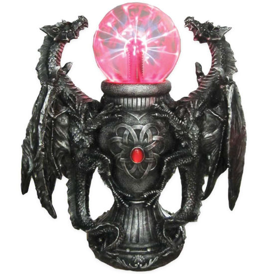 Electric plasma orb flanked by 2 dragons, watch shifting display of energy; touch the orb and watch the energy bolts