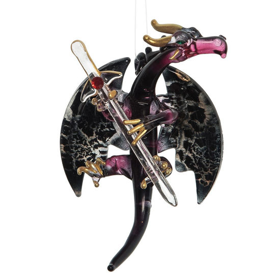 Hand-blown purple and black glass dragon with gold highlights holding a clear sword 